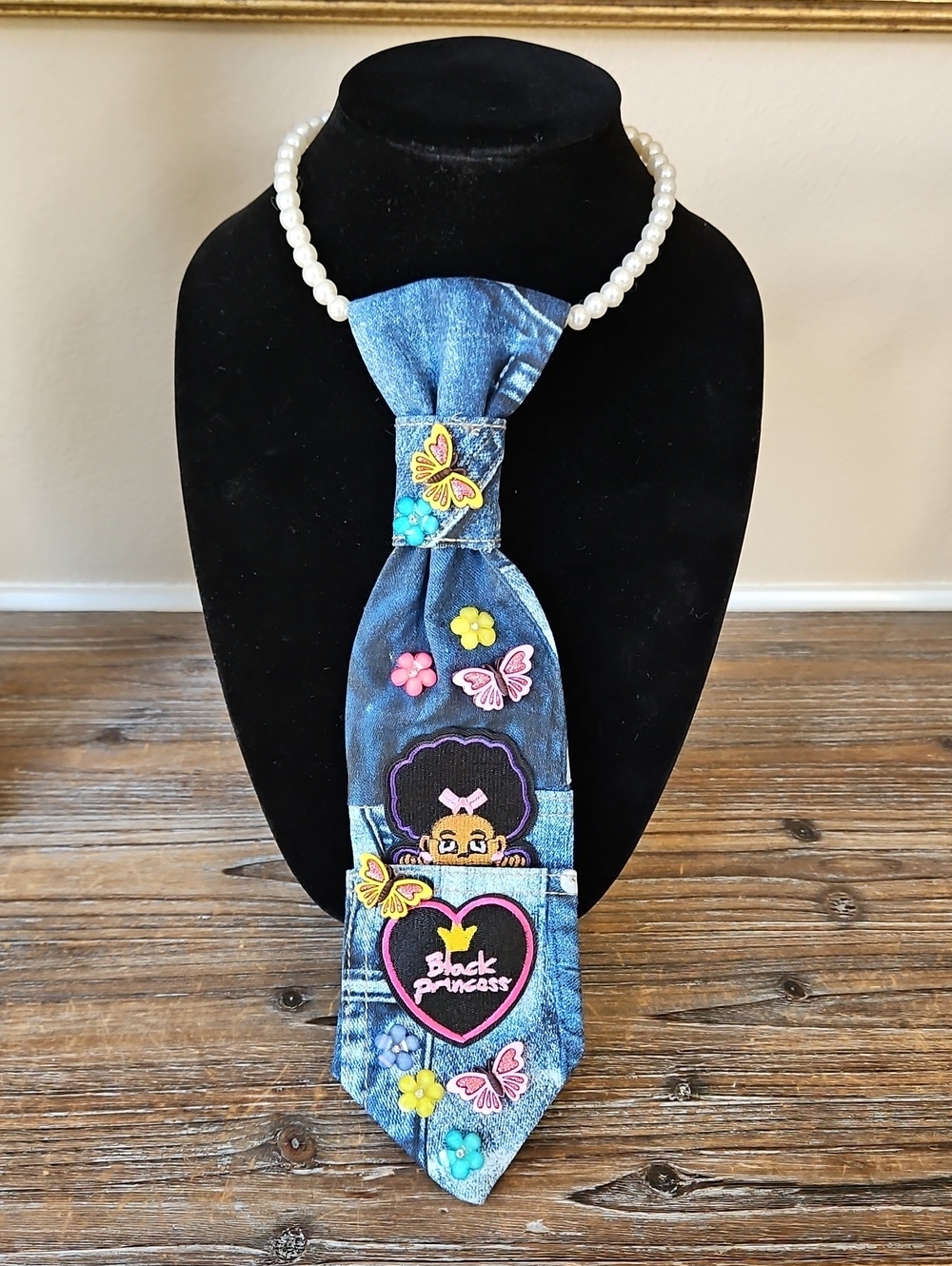 Kids Custom made Denim Tie with Colorful Butterflies & 'Black Princess' Patch